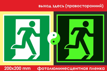 E01-02 выход здесь (правосторонний) (ГОСТ 34428-2018, фотолюминесцентная пленка, 200х200 мм) - Знаки безопасности - Фотолюминесцентные знаки - магазин "Охрана труда и Техника безопасности"